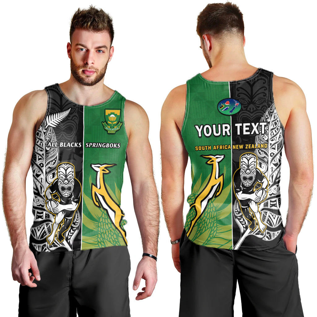 (Custom Personalised) New Zealand And South Africa Rugby Men Tank Top All Black Maori Mix Springboks LT14 Black - Polynesian Pride