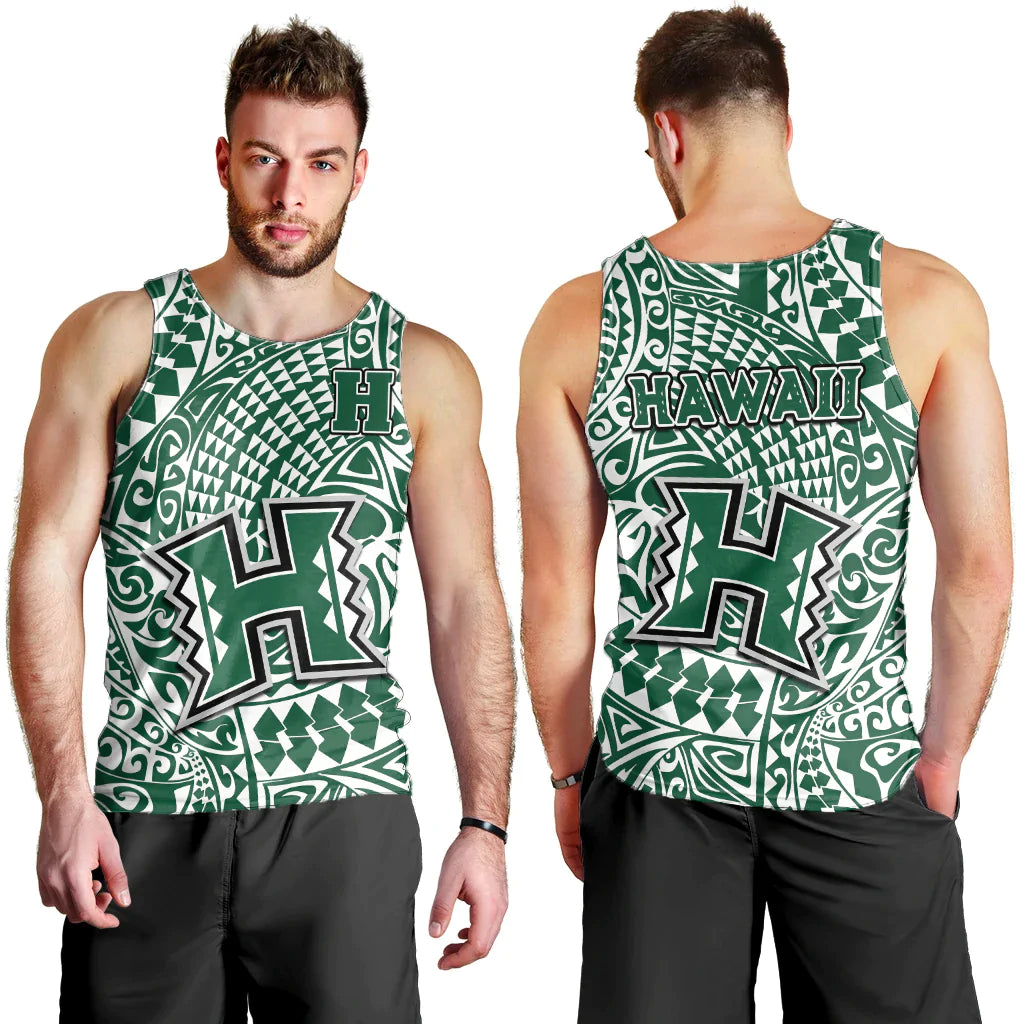 Hawaii Football Men Tank Top Rainbow Warriors Tribal Kakau LT14 Green - Polynesian Pride