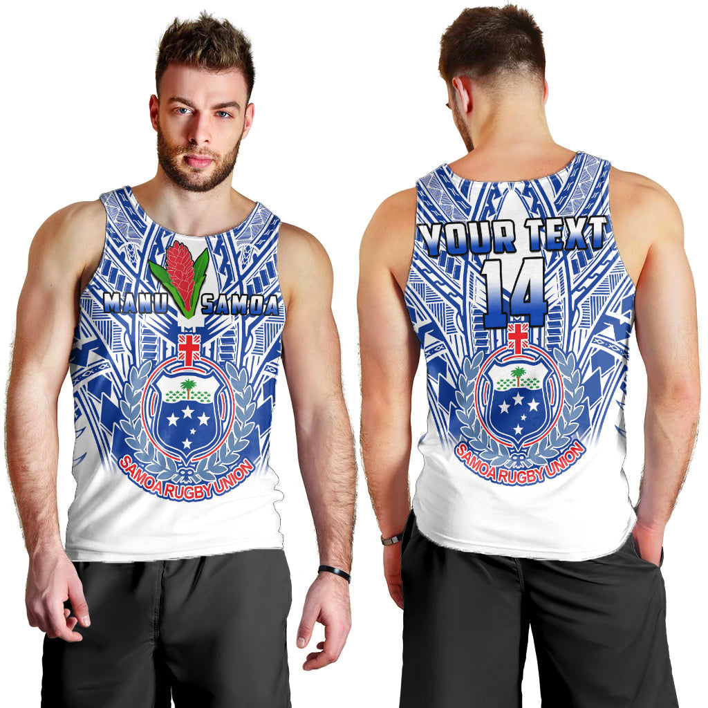 (Custom Text And Number) Samoa Rugby Men Tank Top Manu Samoa 7s Ginger White Polynesian LT14 White - Polynesian Pride