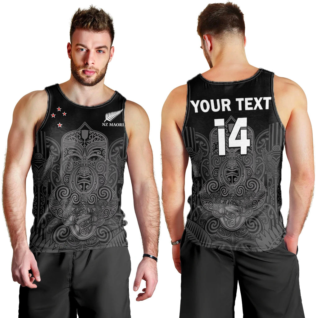 (Custom Text And Number) New Zealand Tiki Rugby Men Tank Top NZ Maori Koru Pattern LT14 Black - Polynesian Pride