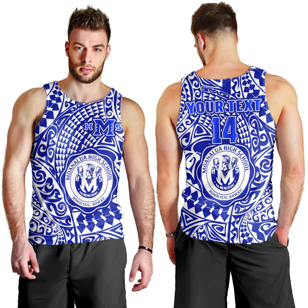 (Custom Text And Number) Hawaii Men Tank Top Moanalua High School Tribal Kakau LT14 Blue - Polynesian Pride