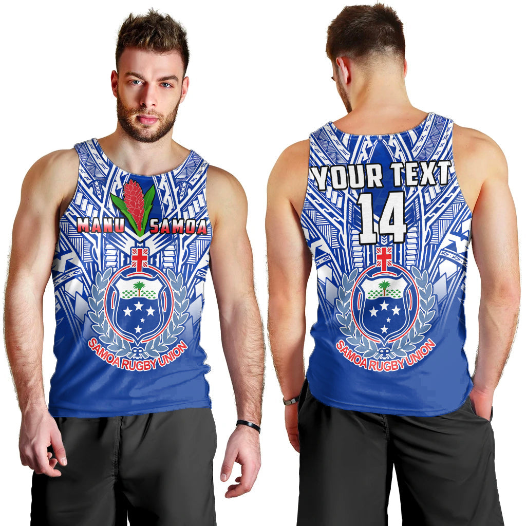 (Custom Text And Number) Samoa Rugby Men Tank Top Manu Samoa 7s Ginger Blue Polynesian LT14 Blue - Polynesian Pride