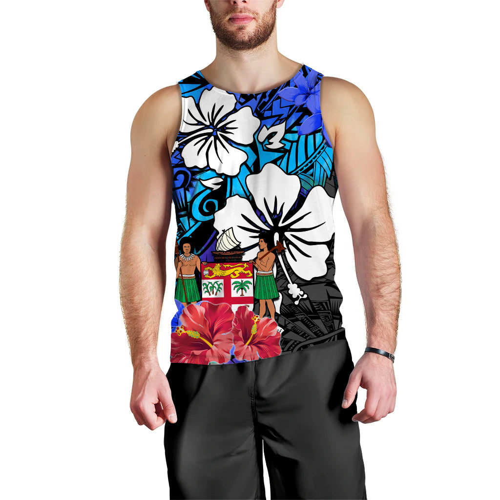 (Custom Text and Number) Fiji Tie Dye Men Tank Top Polynesian Blue Tribal Creative Tropical Flowers LT13 - Polynesian Pride