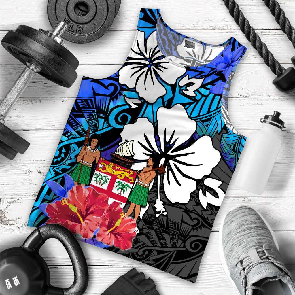 (Custom Text and Number) Fiji Tie Dye Men Tank Top Polynesian Blue Tribal Creative Tropical Flowers LT13 Blue - Polynesian Pride