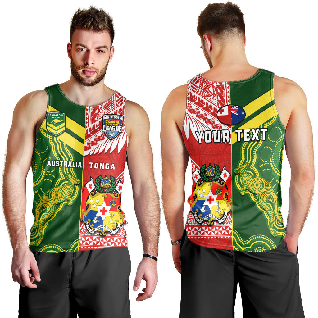 (Custom Personalised) Tonga And Australia Rugby Men Tank Top Mate Maa Tonga Mix Kangaroos LT14 Red - Polynesian Pride