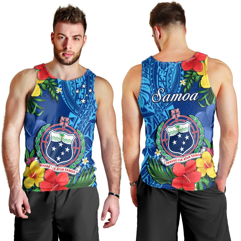 Samoa Men Tank Top Coat Of Arms Mix Tropical Flowers LT14 Blue - Polynesian Pride