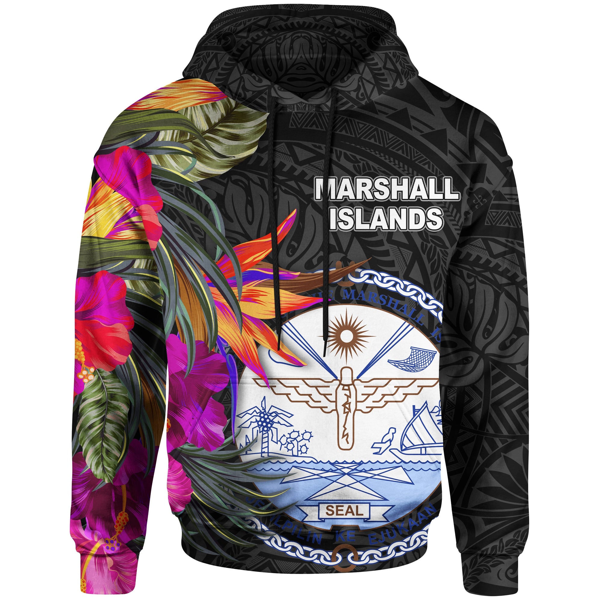 Marshall Islands Hoodie Hibiscus Polynesian Pattern Unisex Black - Polynesian Pride