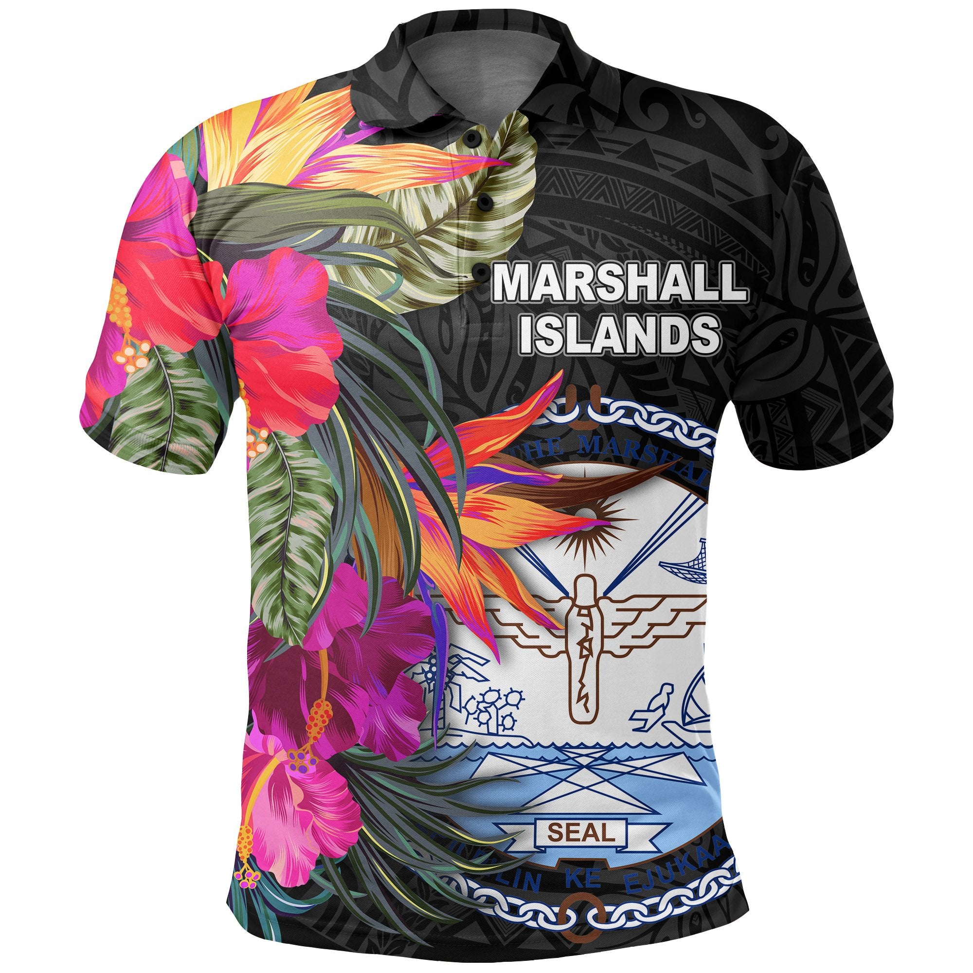 Marshall Islands Polo Shirt Hibiscus Polynesian Pattern Unisex Black - Polynesian Pride