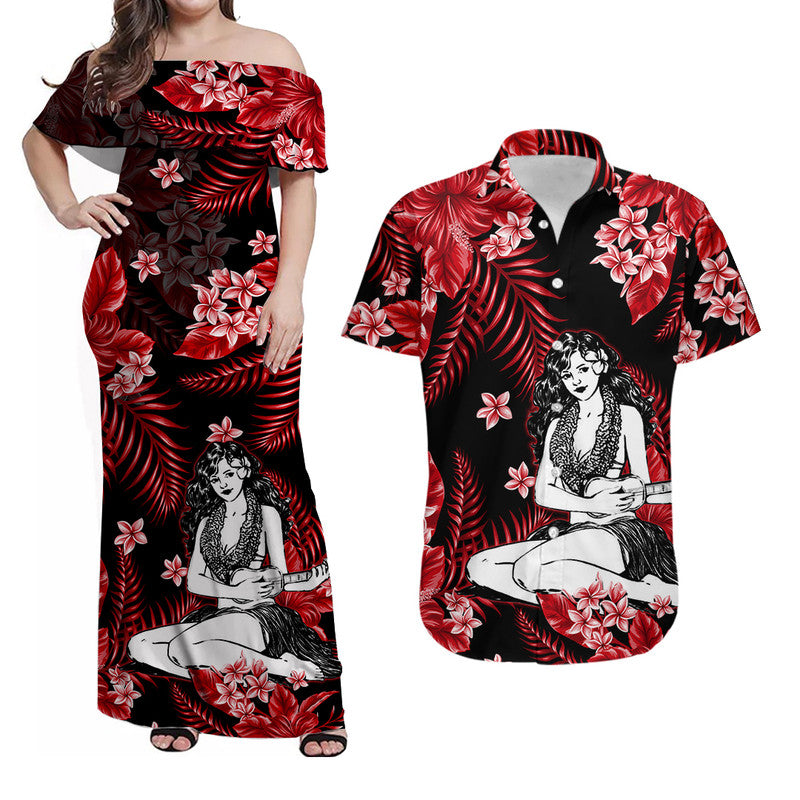 Hawaii Summer Colorful Hula Girl Matching Dress and Hawaiian Shirt Red LT6 Red - Polynesian Pride