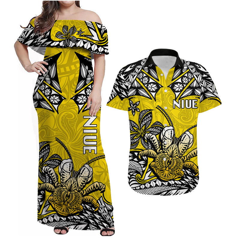 Niue Uga Matching Dress and Hawaiian Shirt Tribal Patterns Yellow Style LT6 Yellow - Polynesian Pride