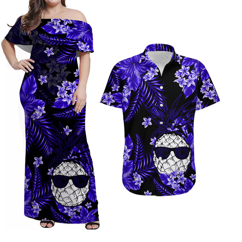 Hawaii Summer Colorful Pineapple Matching Dress and Hawaiian Shirt Dark Blue LT6 Blue - Polynesian Pride