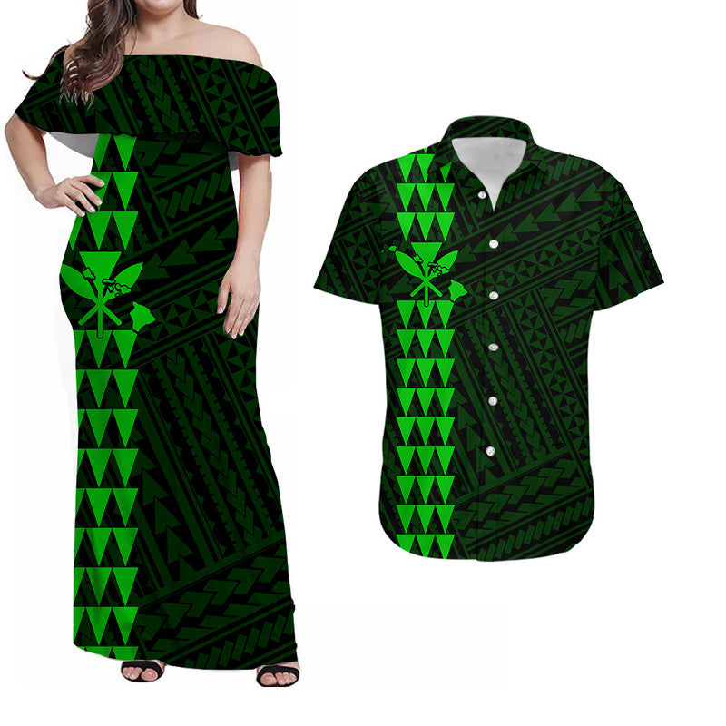 Hawaiian Kakau Matching Dress and Hawaiian Shirt Simple Style No.8 LT6 Green - Polynesian Pride