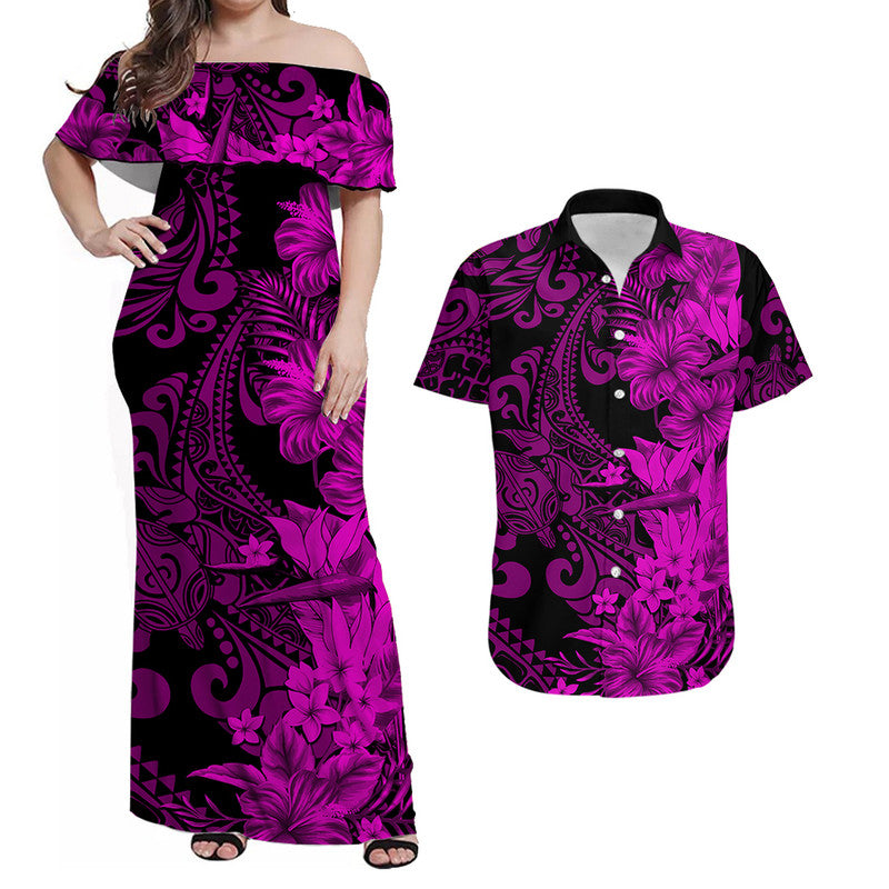 Hawaii Flowers Mix Tribal Pattern Matching Dress and Hawaiian Shirt Purple LT6 Purple - Polynesian Pride