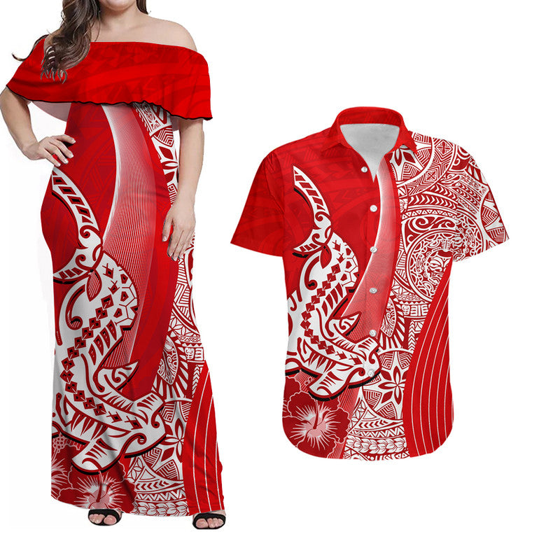 Hawaiian Shark Polynesian Matching Dress and Hawaiian Shirt Vibe Red Style LT6 Red - Polynesian Pride