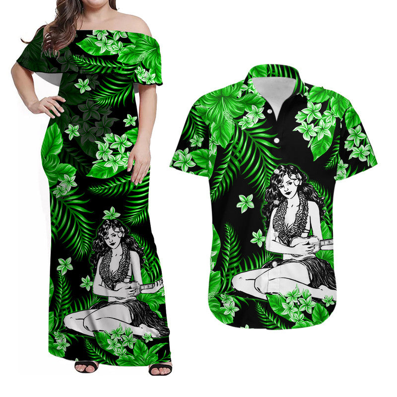 Hawaii Summer Colorful Hula Girl Matching Dress and Hawaiian Shirt Green LT6 Green - Polynesian Pride
