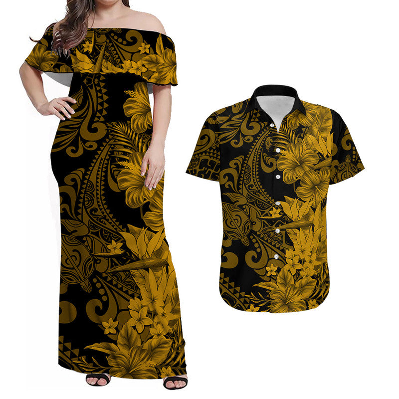 Hawaii Flowers Mix Tribal Pattern Matching Dress and Hawaiian Shirt Gold LT6 Gold - Polynesian Pride