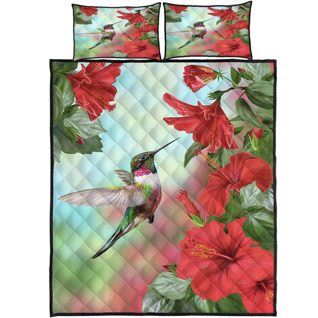 Hawaii Hummingbird Red Hibiscus Quilt Bed Set - AH Red - Polynesian Pride