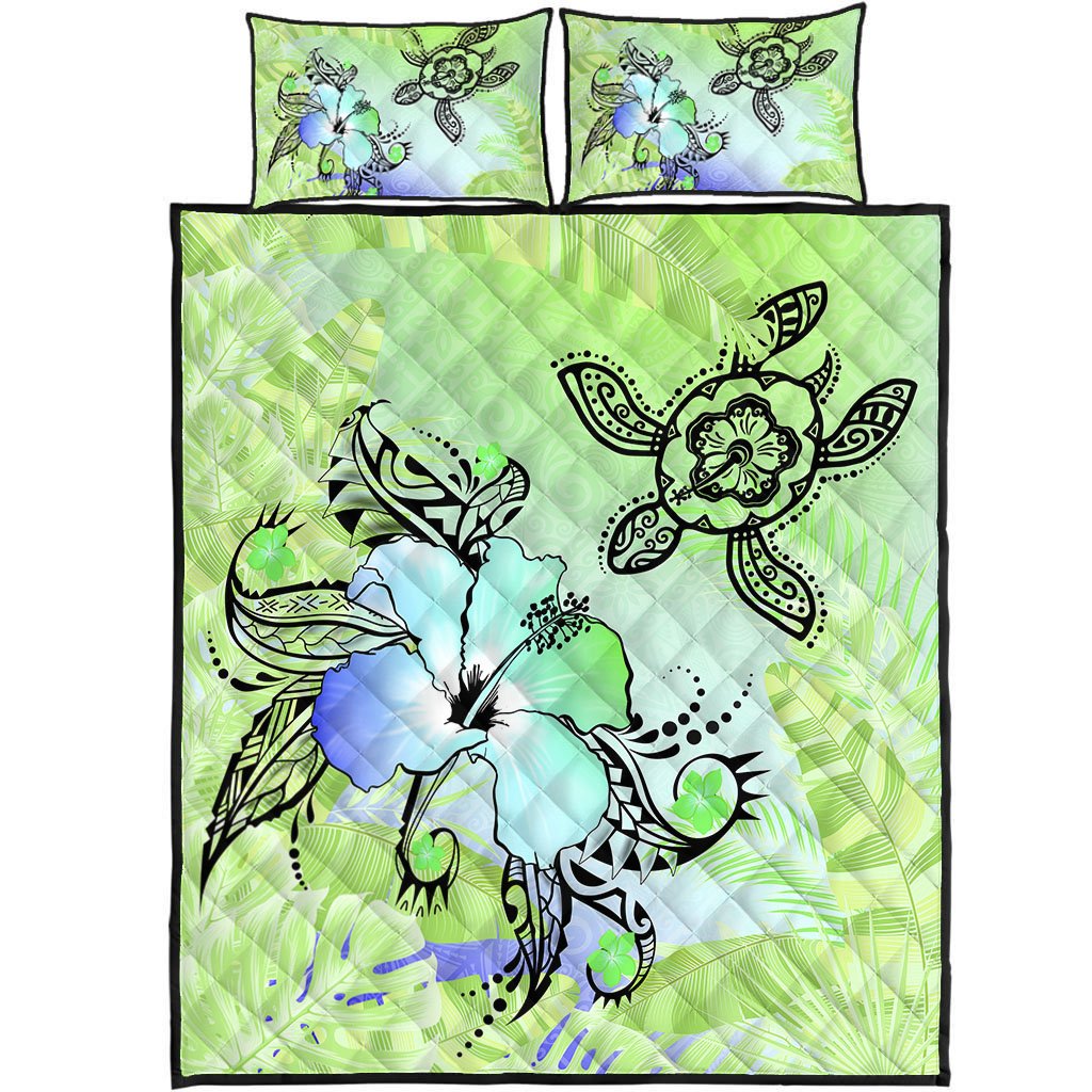 Hawaii Turtle Flowers And Palms Retro Quilt Bed Set - Lime - AH Green - Polynesian Pride