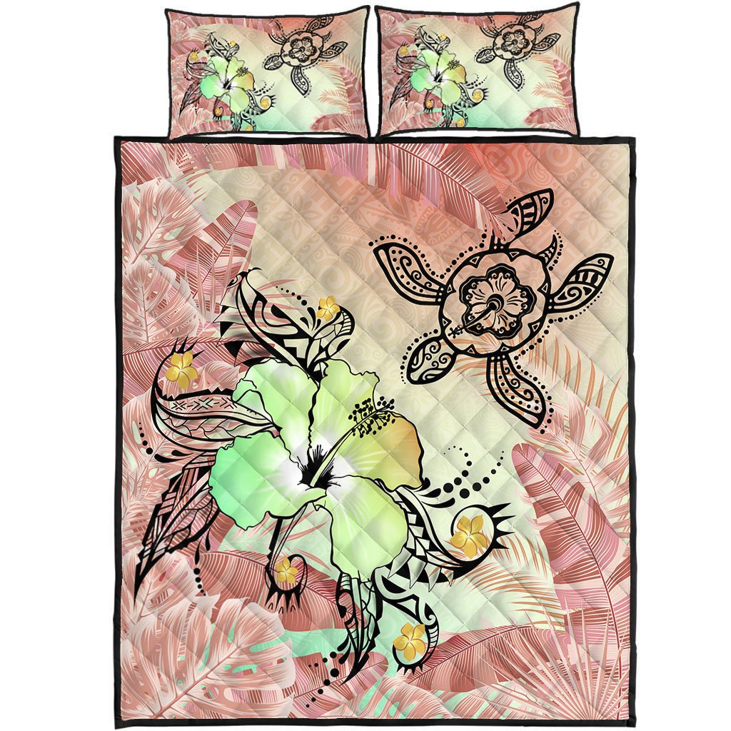 Hawaii Turtle Flowers And Palms Retro Quilt Bed Set - Peach - AH Art - Polynesian Pride