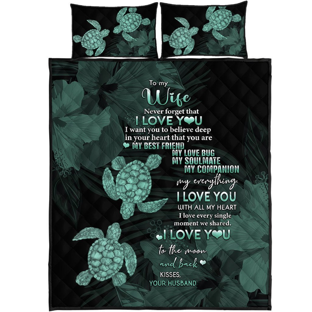 Hawaii Turtle Quilt Bed Set Hibiscus To My Wife Turquoise AH Turquoise - Polynesian Pride