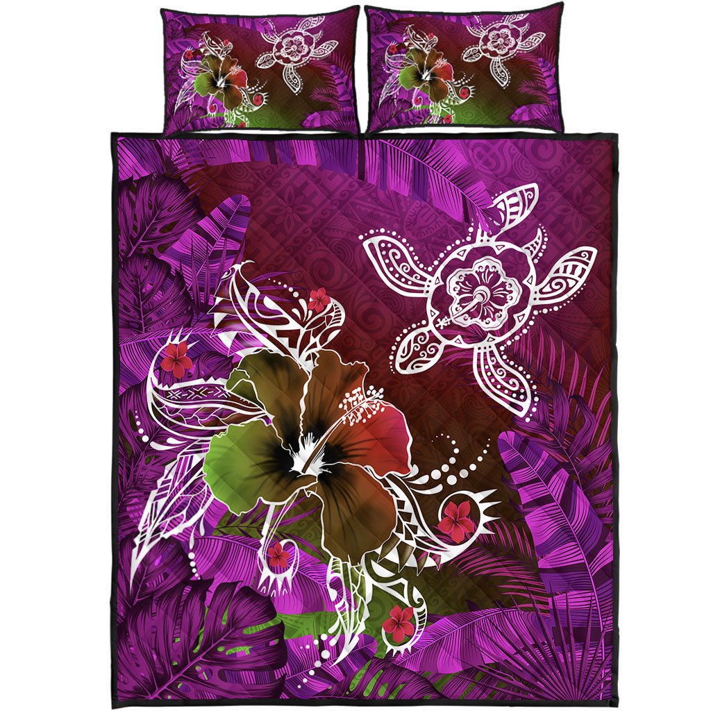 Hawaii Turtle Flowers And Palms Retro Quilt Bed Set - Pink - AH Art - Polynesian Pride