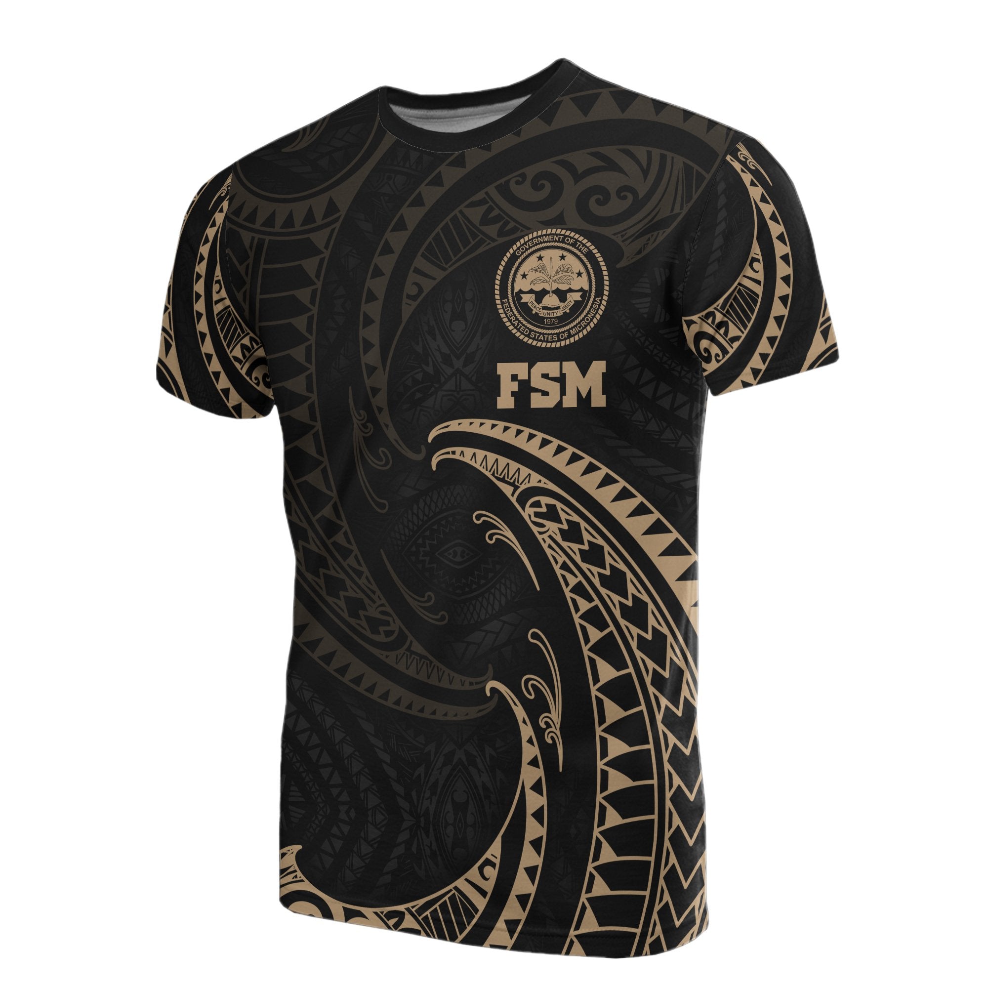 Federated States of Micronesia All Over T Shirt Gold Tribal Wave Unisex Black - Polynesian Pride