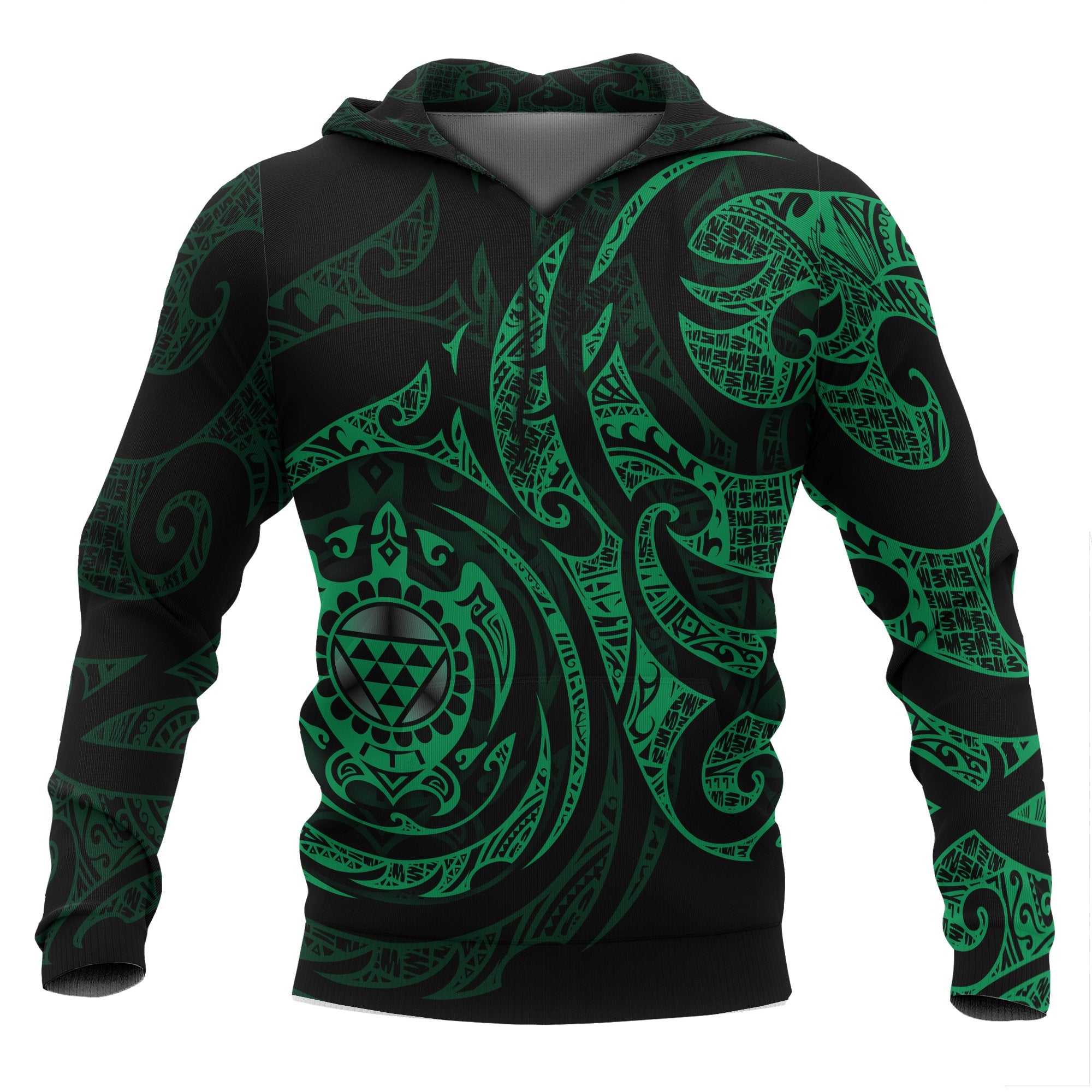 Polynesian Hawaii ll Over Hoodie Green Turtle Tribal Unisex Black - Green - Polynesian Pride