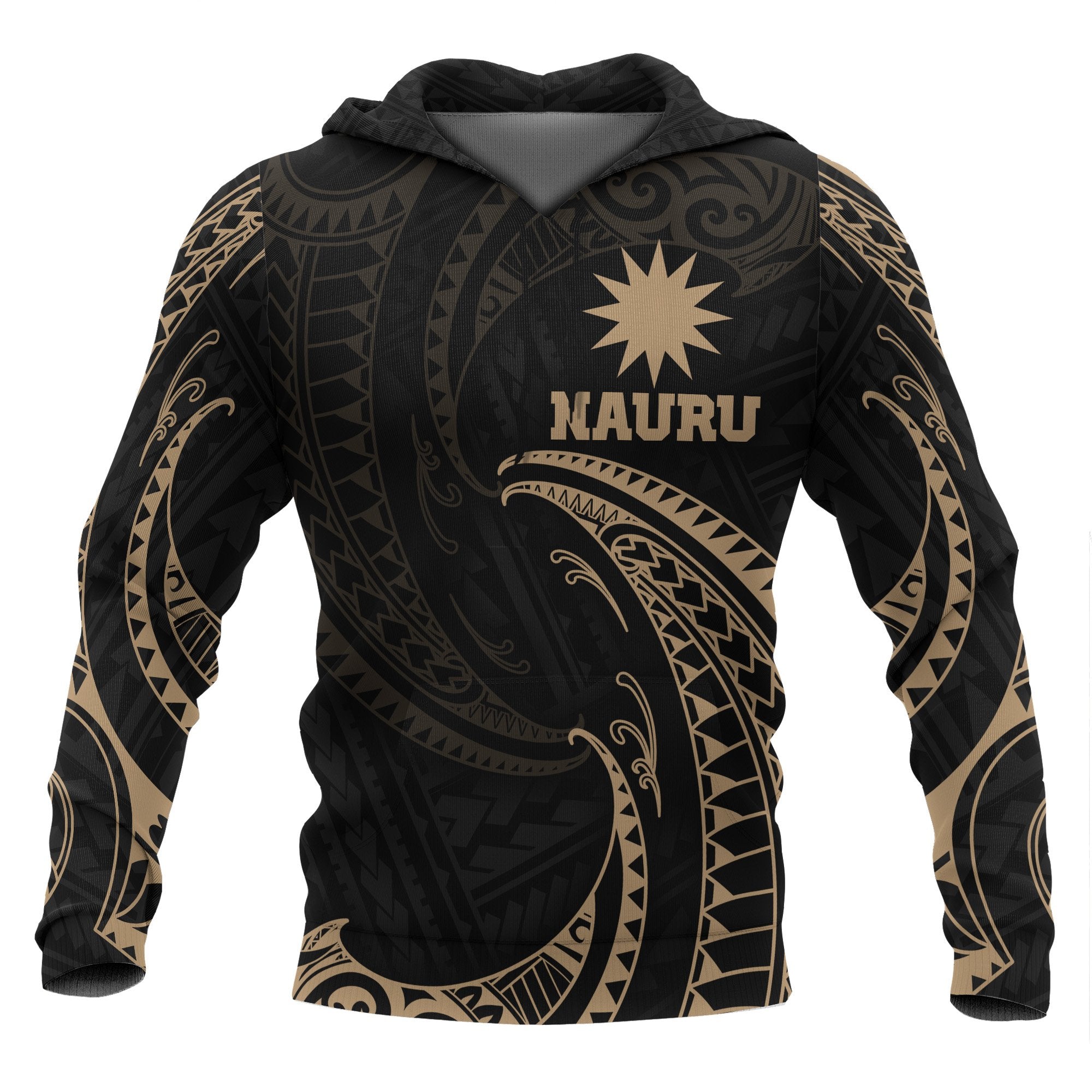 Nauru Polynesian Hoodie Gold Tribal Wave Unisex Black - Polynesian Pride