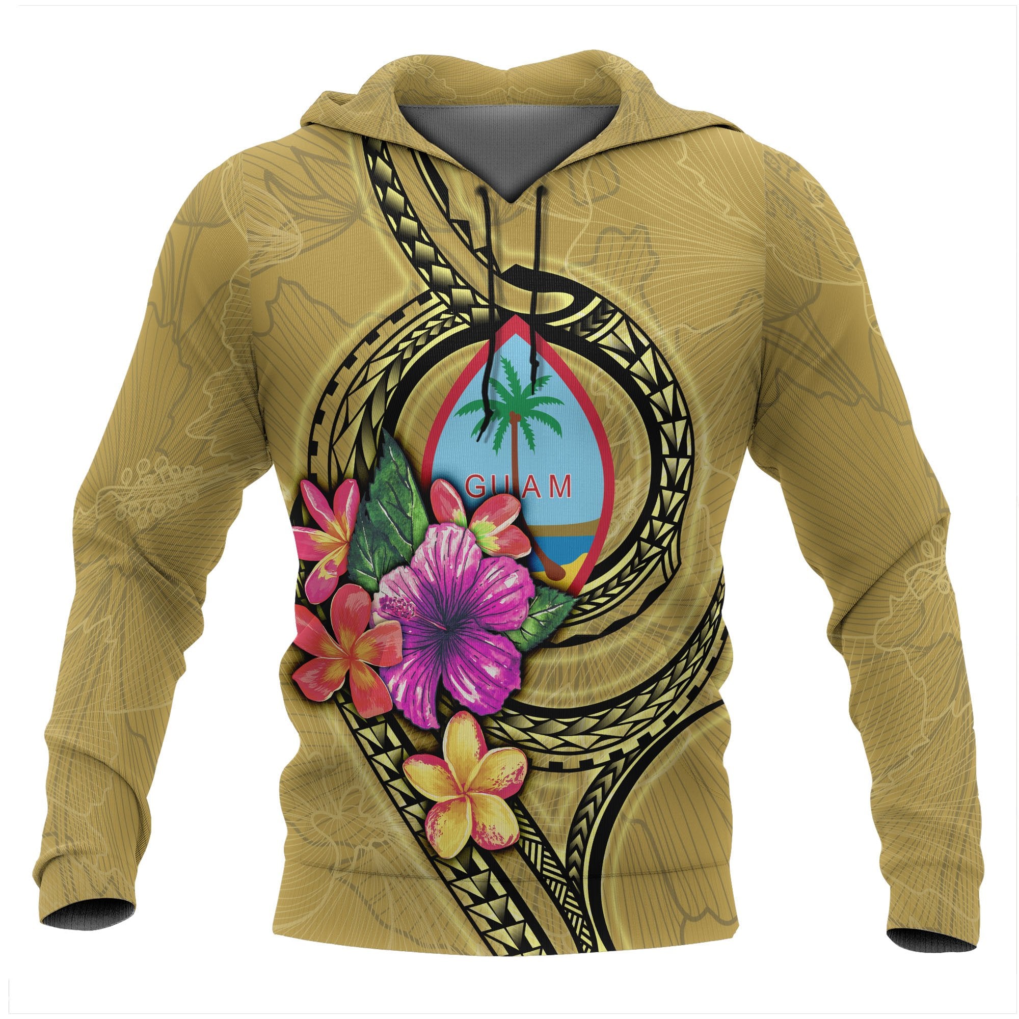 Guam Polynesian ll Over Hoodie Floral With Seal Gold Unisex Yellow - Polynesian Pride