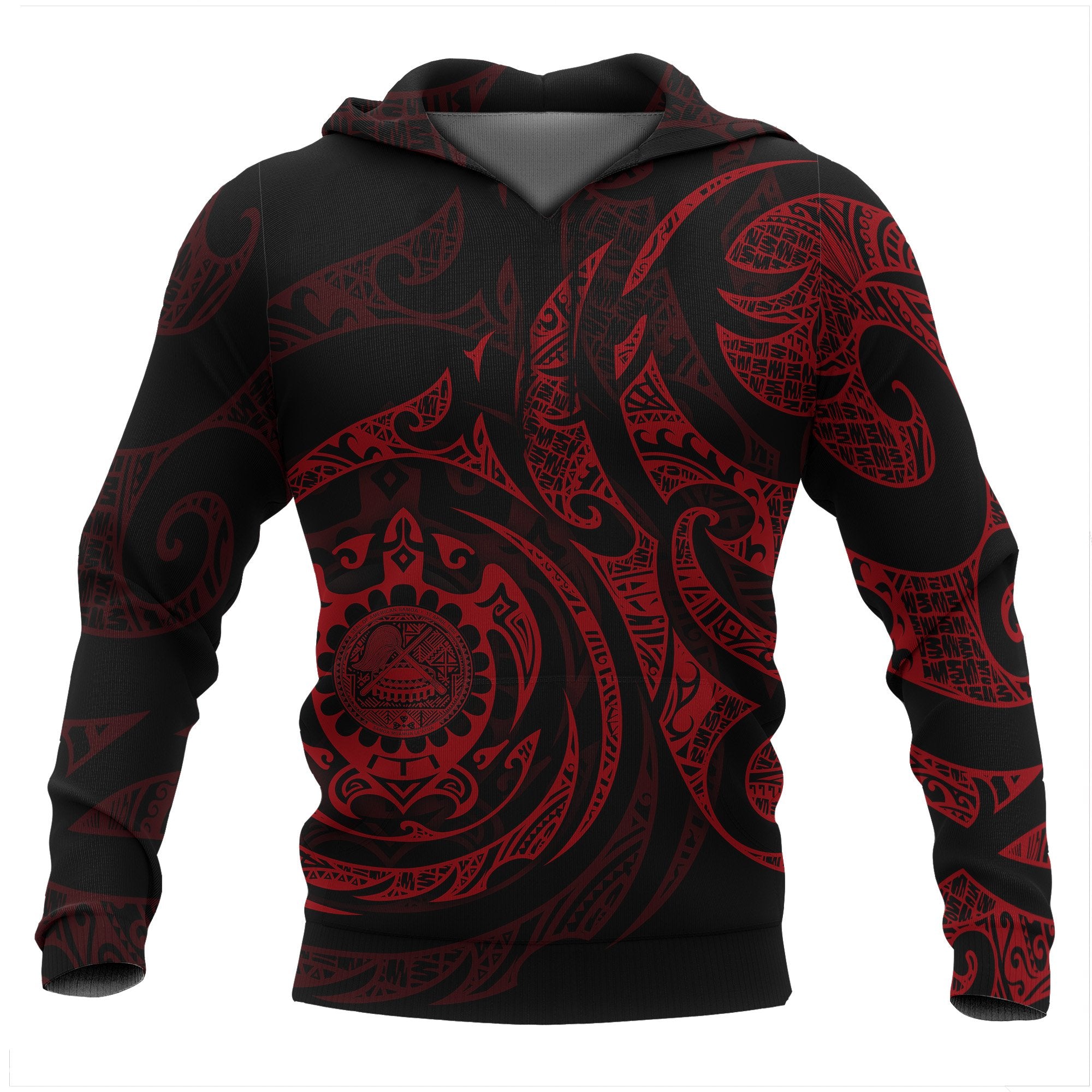 American Samoa Polynesian ll Over Hoodie Red Turtle Tribal Black - Red - Polynesian Pride