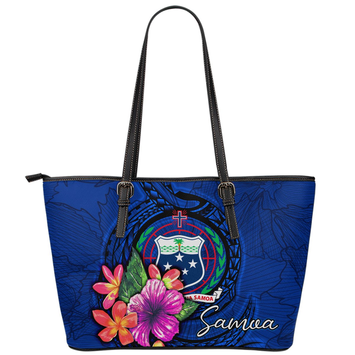 Samoa Polynesian Leather Tote Bag - Floral With Seal Blue Blue - Polynesian Pride