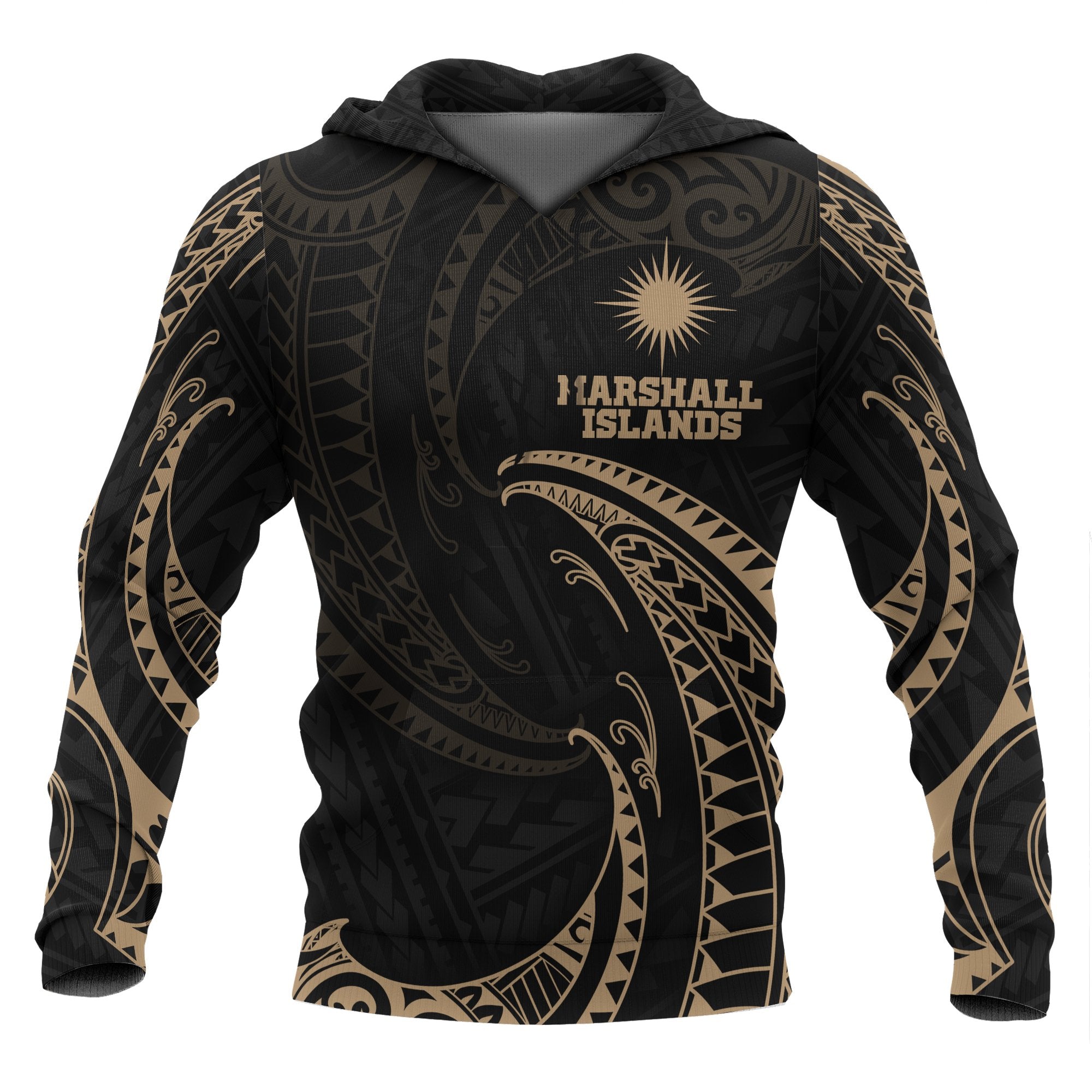 Marshall Islands Polynesian Hoodie Gold Tribal Wave Unisex Black - Polynesian Pride