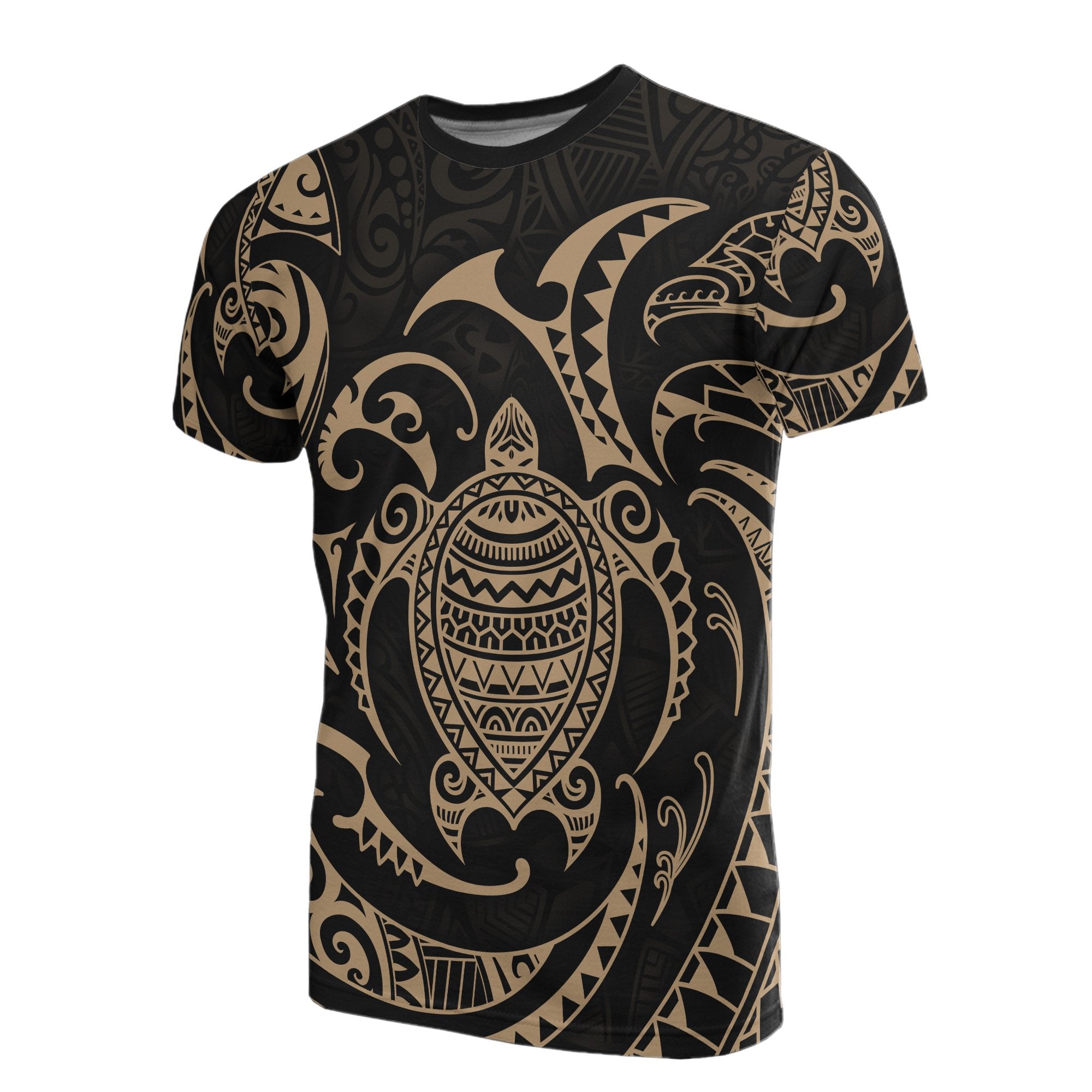 Polynesian All Over T Shirt Gold Turtle Unisex Black - Polynesian Pride