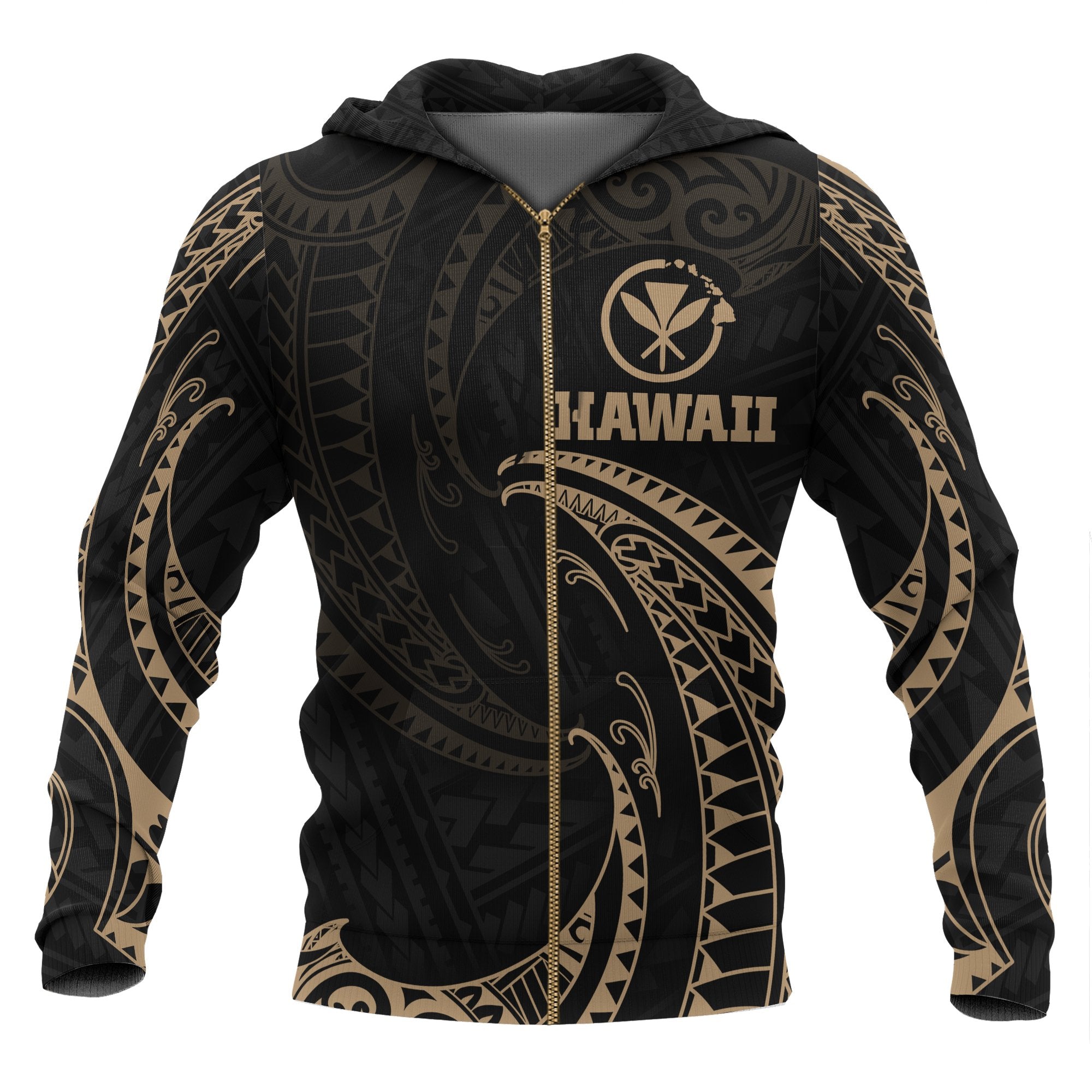 Hawaii Polynesian All Over Zip up Hoodie Gold Tribal Wave Unisex Black - Polynesian Pride