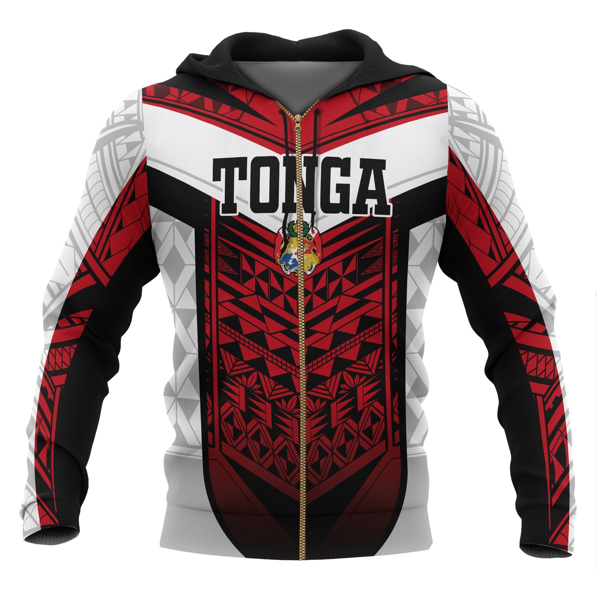 Tonga Polynesian Zip up Hoodie Tongan Pattern Red - Polynesian Pride