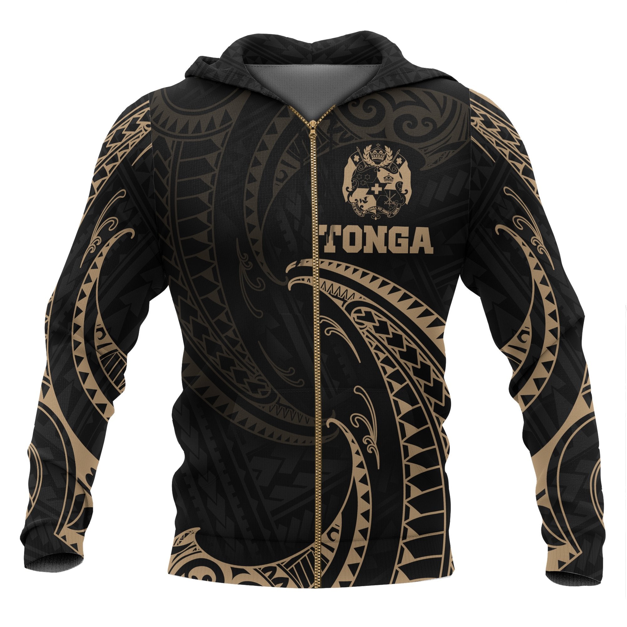 Tonga Polynesian All Over Zip up Hoodie Gold Tribal Wave Unisex Black - Polynesian Pride