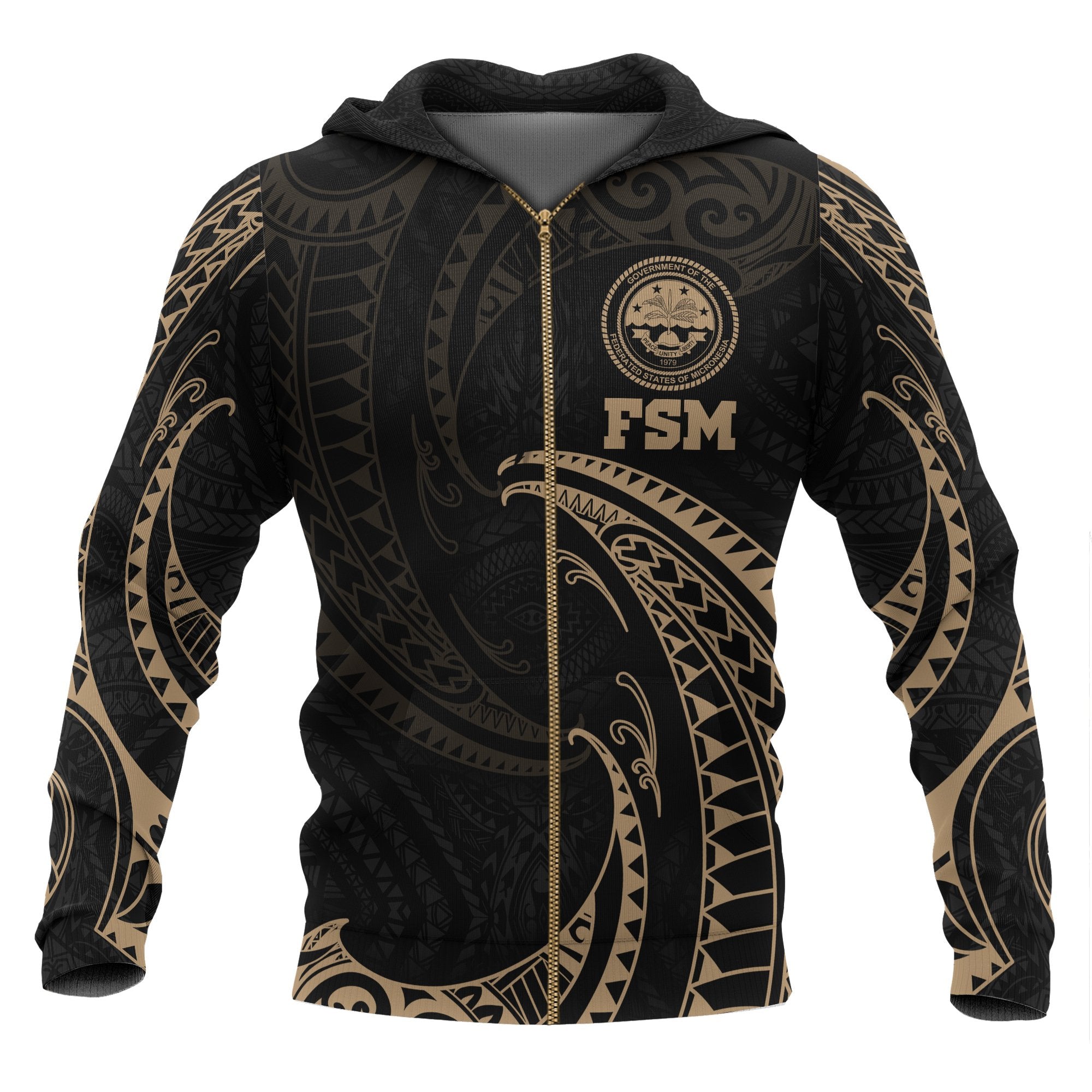 Federated States of Micronesia All Over Zip up Hoodie Gold Tribal Wave Unisex Black - Polynesian Pride