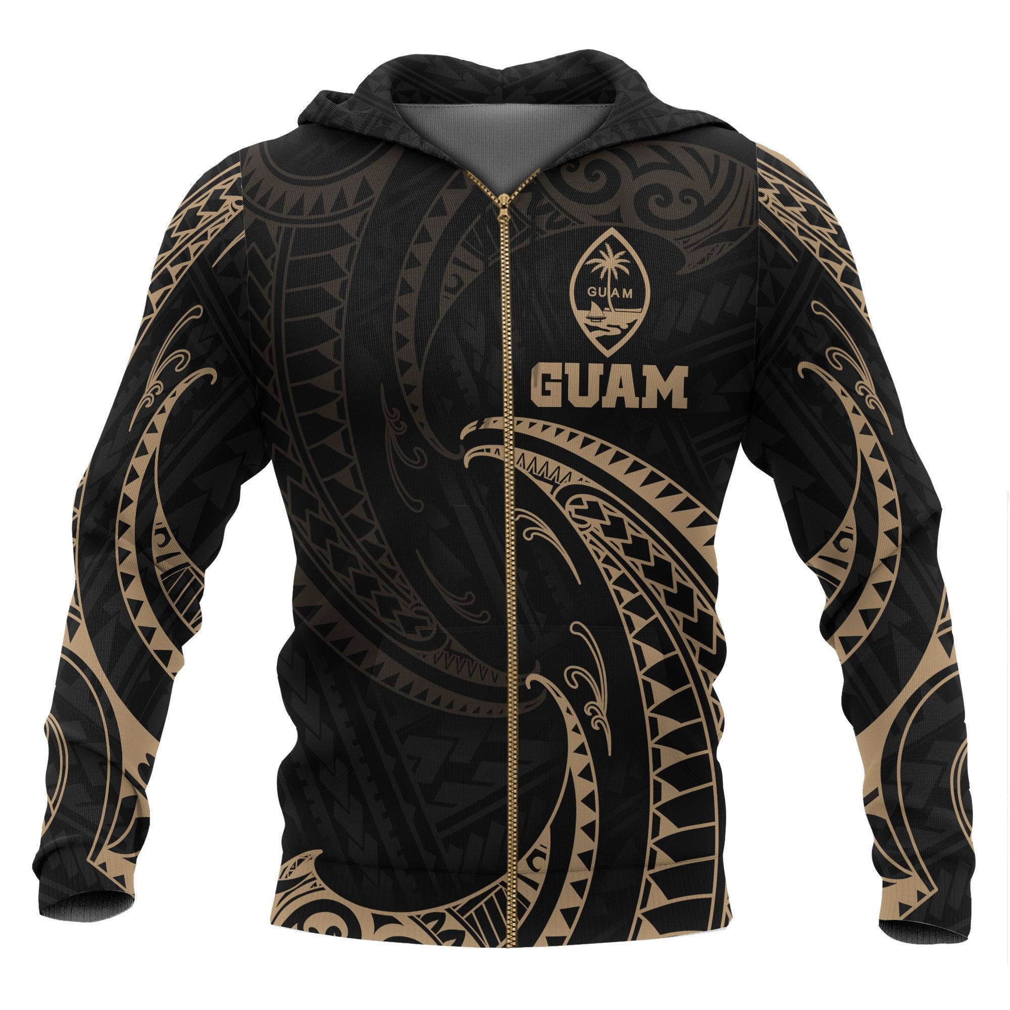 Guam Polynesian All Over Zip up Hoodie Gold Tribal Wave Unisex Black - Polynesian Pride