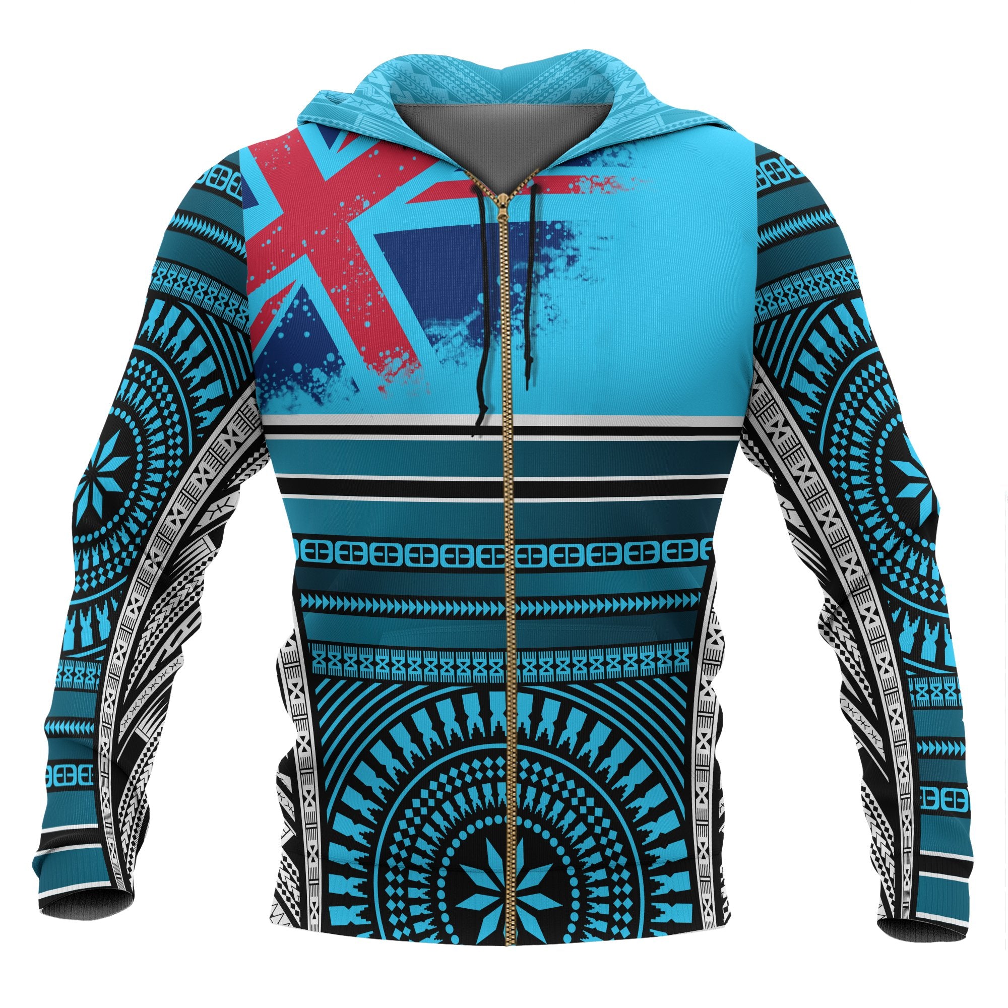 Fiji Polynesian Zip up Hoodie Flag With Pattern Unisex Blue - Polynesian Pride