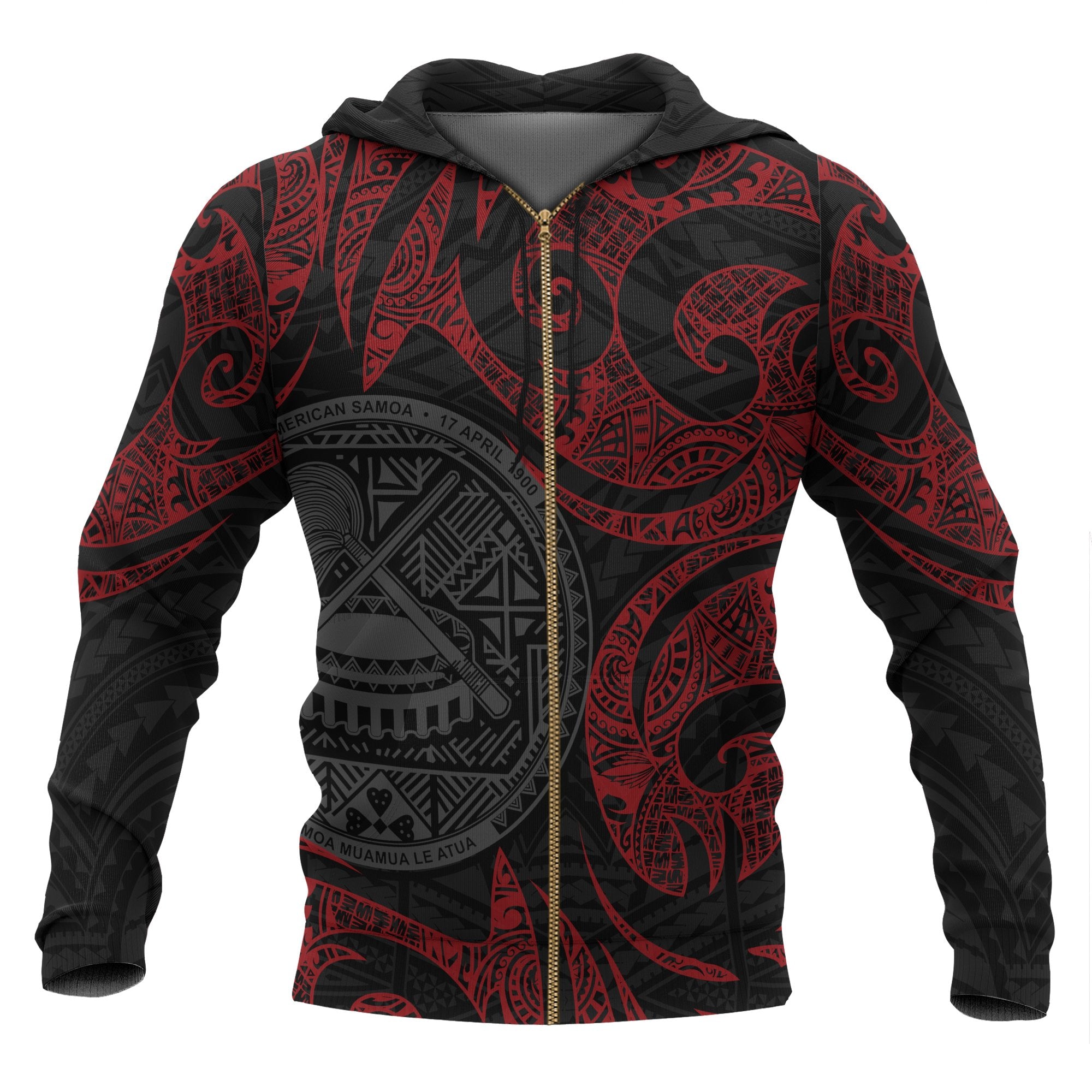 American Samoa Polynesian All Over Zip up Hoodie Red Tribal Unisex Red - Black - Polynesian Pride