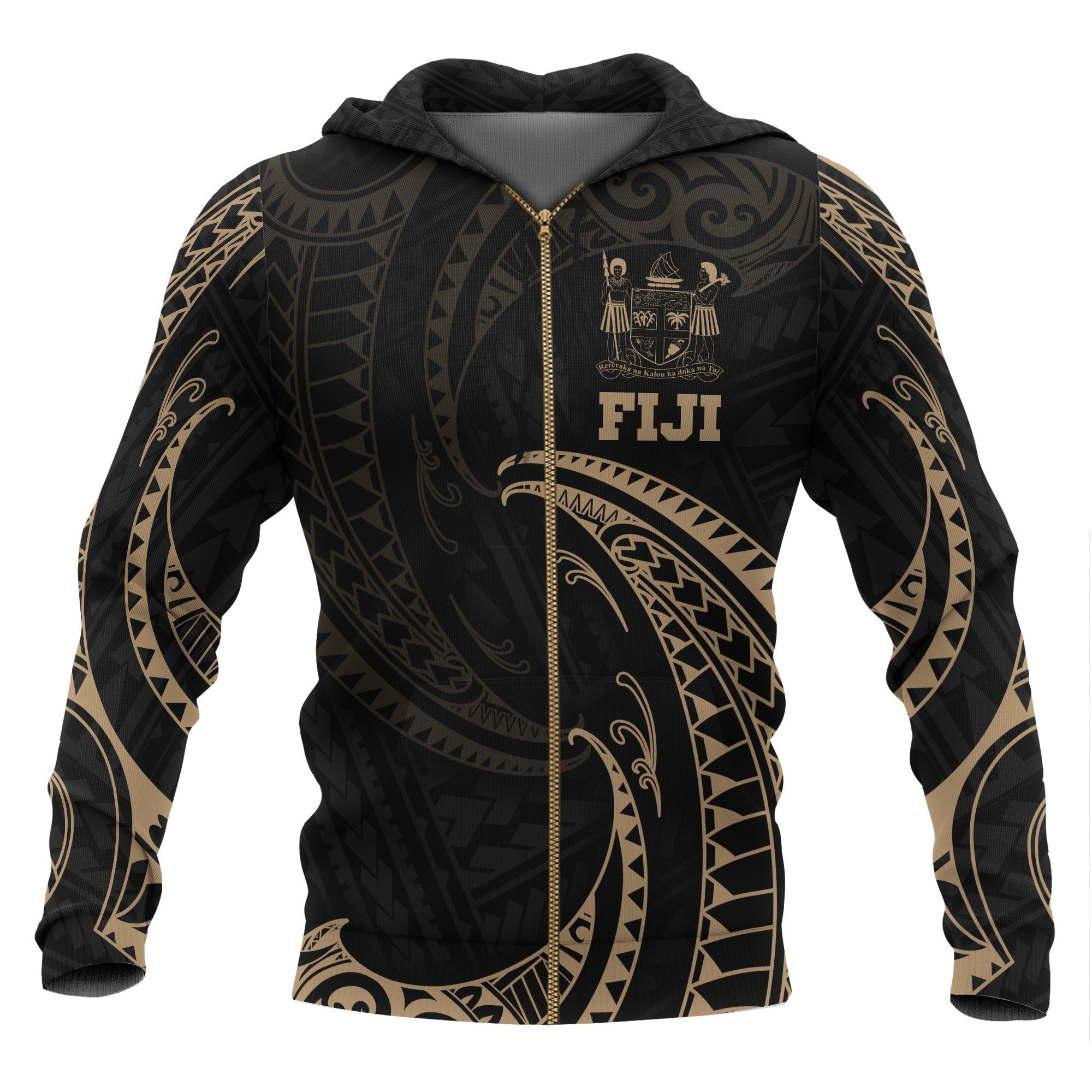 Fiji Polynesian All Over Zip up Hoodie Gold Tribal Wave Unisex Black - Polynesian Pride