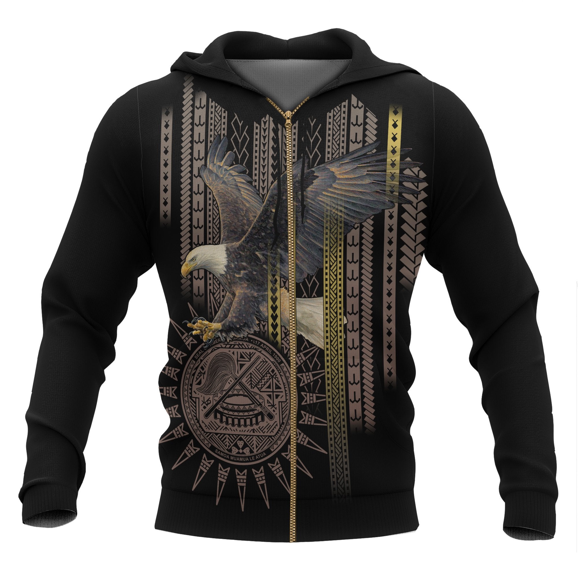 American Samoa Polynesian All Over Zip up Hoodie Eagle Coat of Arms Unisex Black - Polynesian Pride