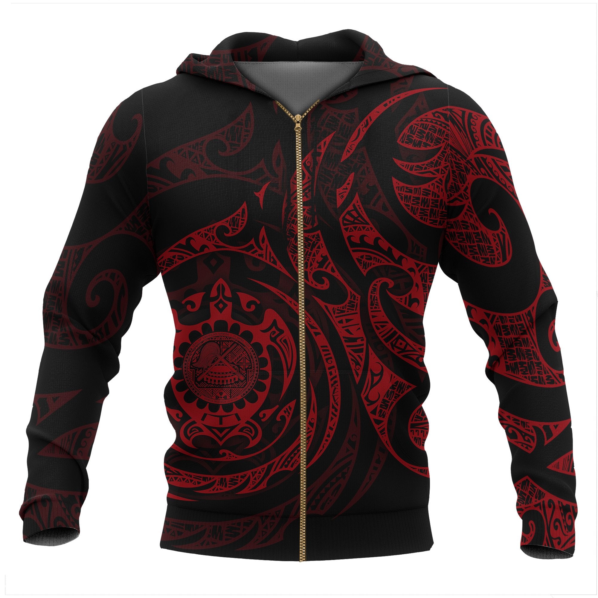 American Samoa Polynesian All Over Zip up Hoodie Red Turtle Tribal Unisex Red - Black - Polynesian Pride