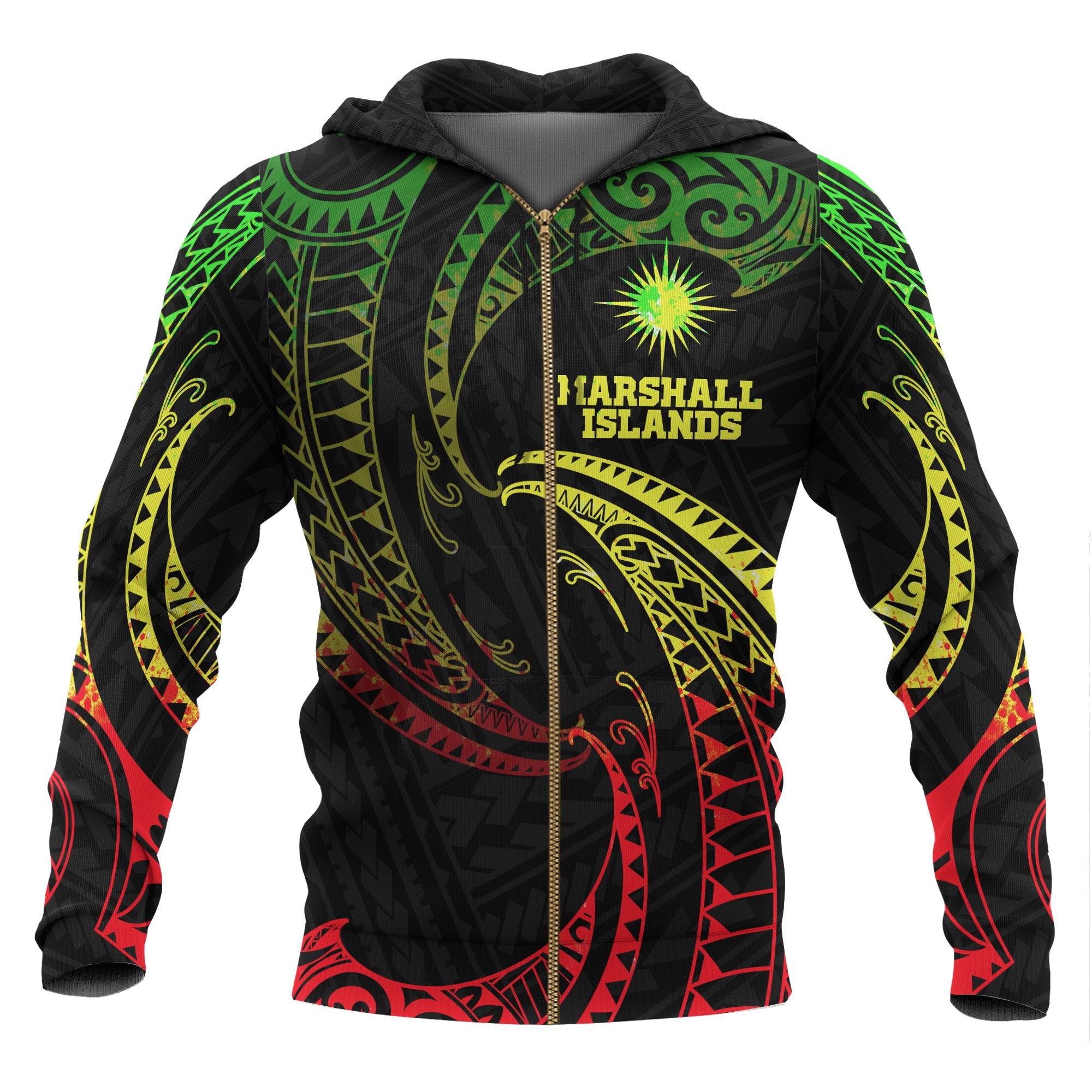 Marshall Islands Polynesian Zip up Hoodie Reggae Tribal Wave Unisex Red - Polynesian Pride