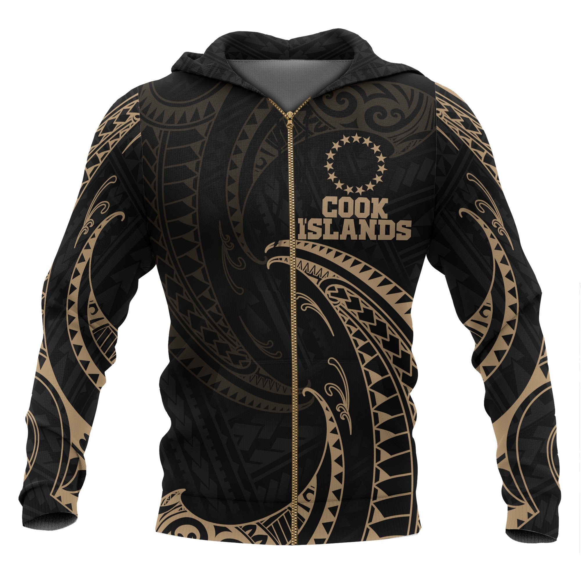 Cook Islands Polynesian Zip up Hoodie Gold Tribal Wave Unisex Black - Polynesian Pride