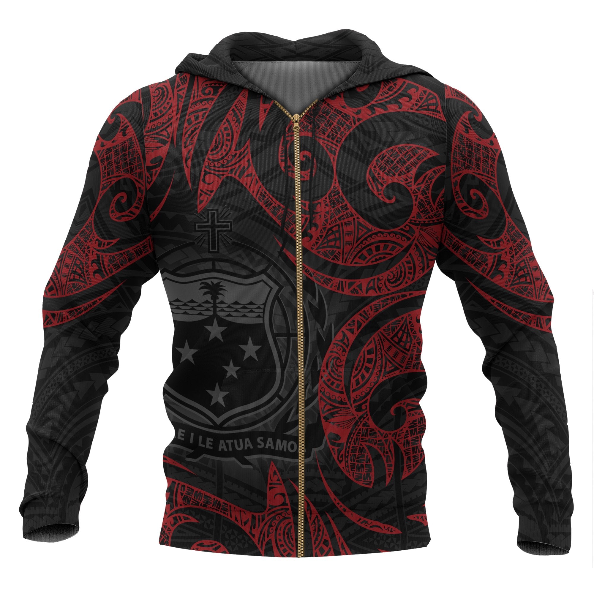 Samoa Polynesian All Over Zip up Hoodie Red Tribal Unisex Red - Black - Polynesian Pride