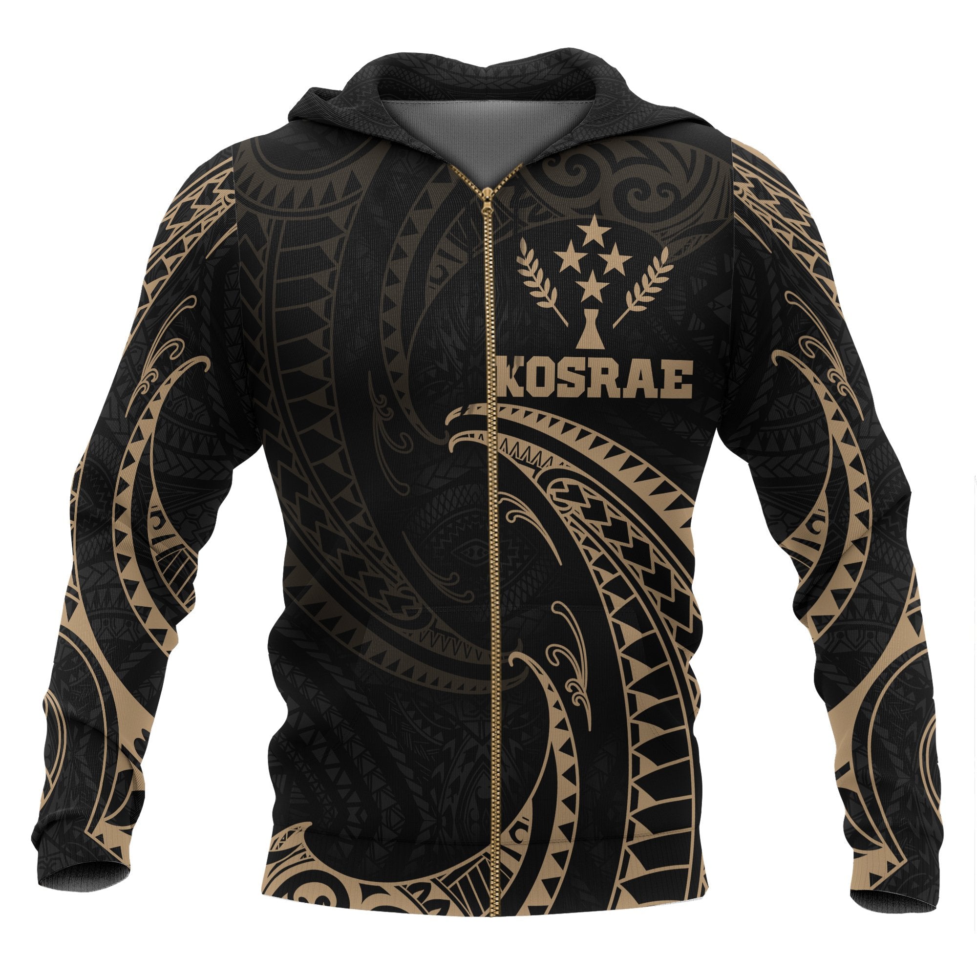 Kosrae Micronesia All Over Zip up Hoodie Gold Tribal Wave Unisex Black - Polynesian Pride