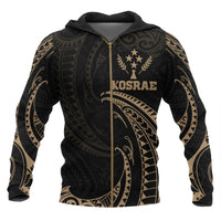 Kosrae Micronesia All Over Zip up Hoodie Gold Tribal Wave Unisex Black - Polynesian Pride