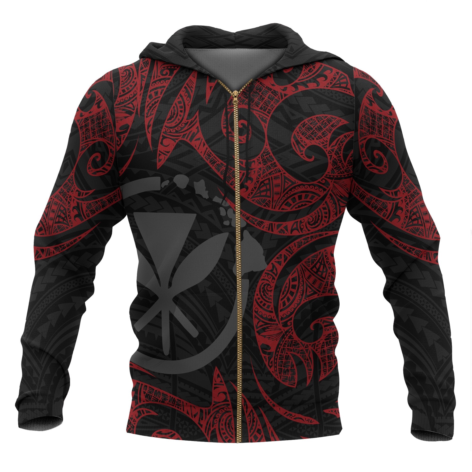 Polynesian Hawaii All Over Zip up Hoodie Red Tribal Unisex Red - Black - Polynesian Pride