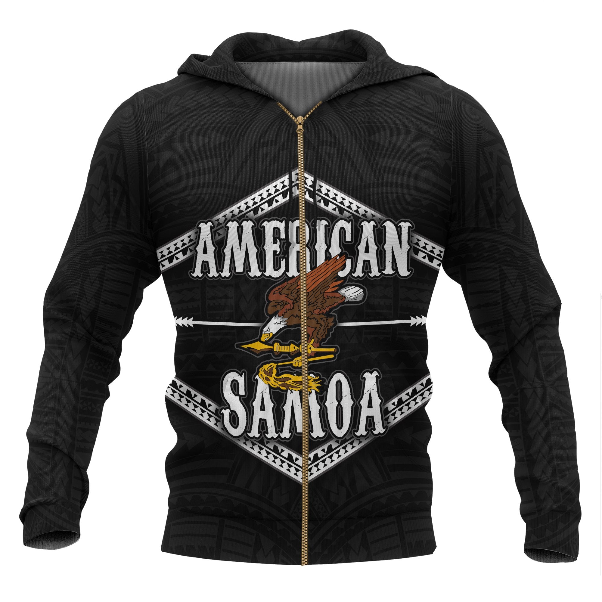 American Samoa Polynesian All Over Zip up Hoodie Black Eagle Unisex Black - Polynesian Pride